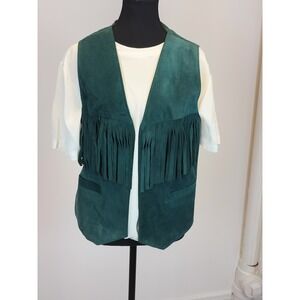 Vintage Green Suede Tassel Fringe Western Rodeo Vest Buckle Back Size Medium